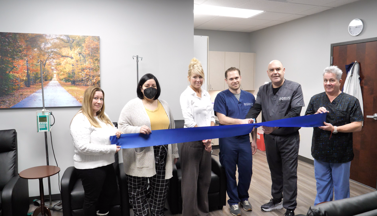 From left to right: Director of Infusion Kristina Arel; Heather Speelman, Clinical Research Nurse; Clinical Research Supervisor Renee Ambrose, MS; Jason Ferreira, MD; Medical Director Philip McAndrew, MD; Paul Lawrence, Research Infusion Charge Nurse